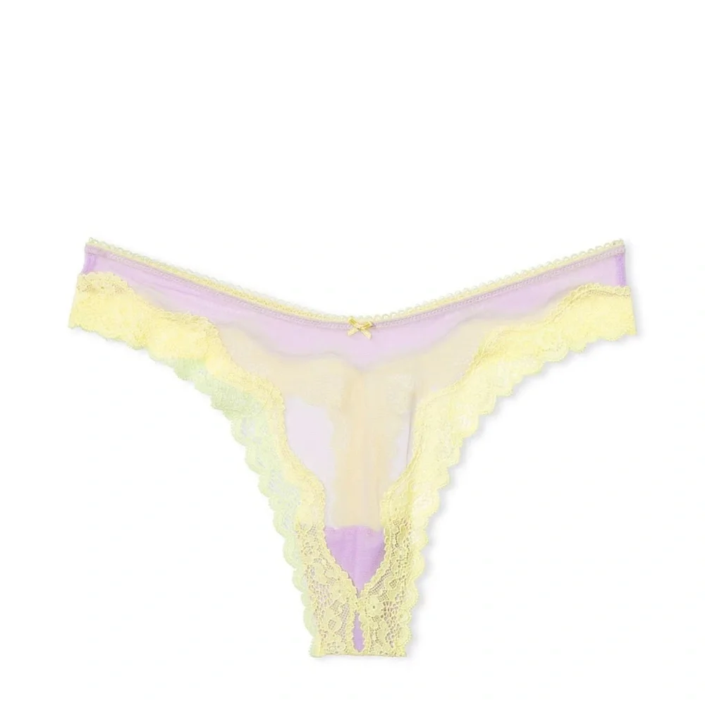 Victoria's Secret Tease Mesh Lace-Trim High-Leg Thong Panty Unicorn Purple L NEW
